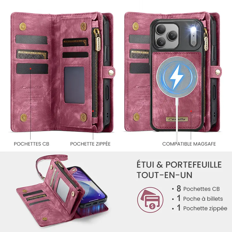 Étui CaseMe Rouge avec Coque Détachable pour iPhone 17 Pro Max - Etui & Portefeuille Tout-en-Un
