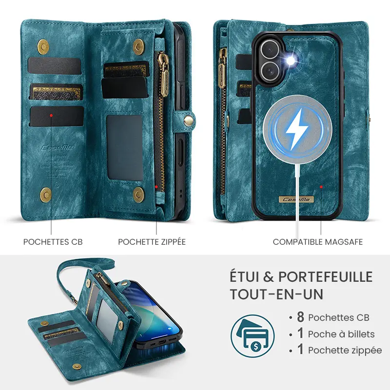 Étui CaseMe Bleu avec Coque Détachable pour iPhone 17 - Etui & Portefeuille Tout-en-Un