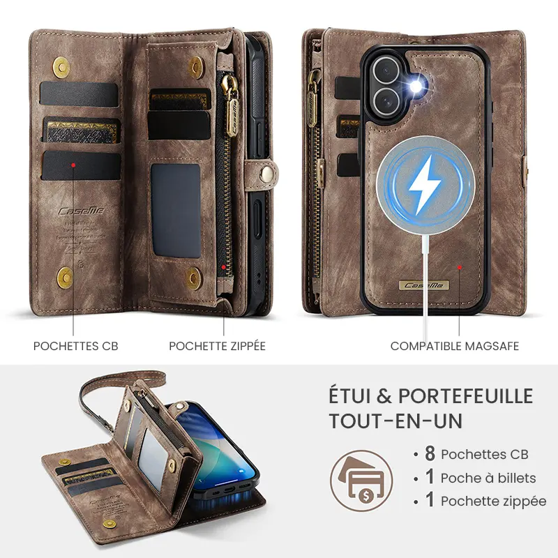 Étui CaseMe Marron avec Coque Détachable pour iPhone 17 - Etui & Portefeuille Tout-en-Un