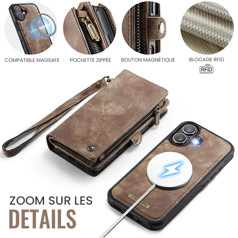 Étui CaseMe Marron avec Coque Détachable pour iPhone 17 - Détails