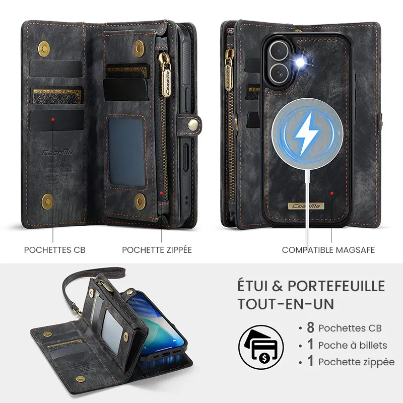 Étui CaseMe Noir avec Coque Détachable pour iPhone 17 - Etui & Portefeuille Tout-en-Un