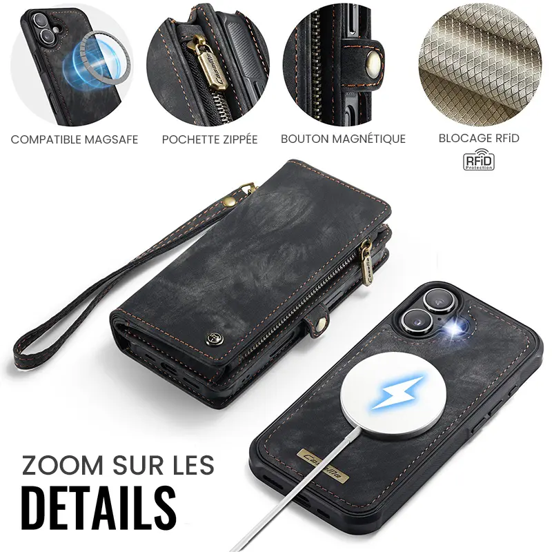 Étui CaseMe Noir avec Coque Détachable pour iPhone 17 - Détails