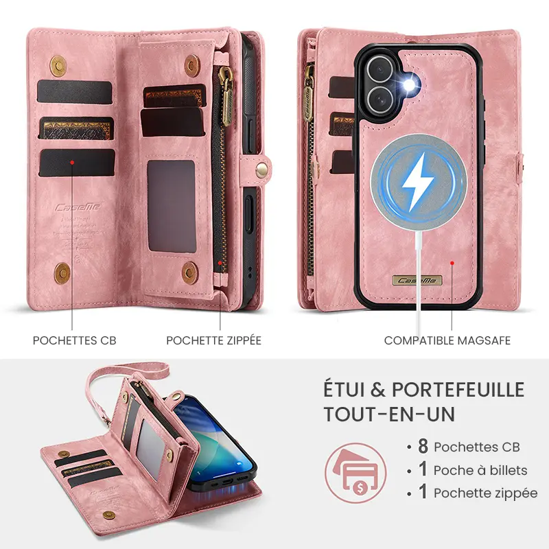 Étui CaseMe Rose avec Coque Détachable pour iPhone 17 - Etui & Portefeuille Tout-en-Un