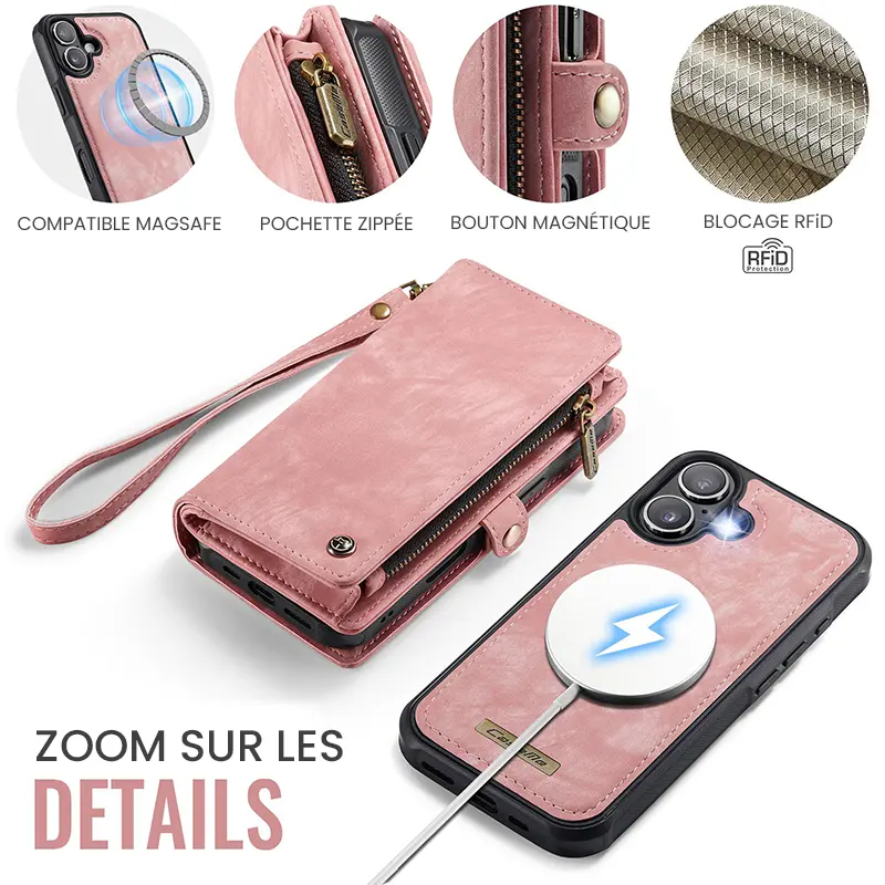 Étui CaseMe Rose avec Coque Détachable pour iPhone 17 - Détails
