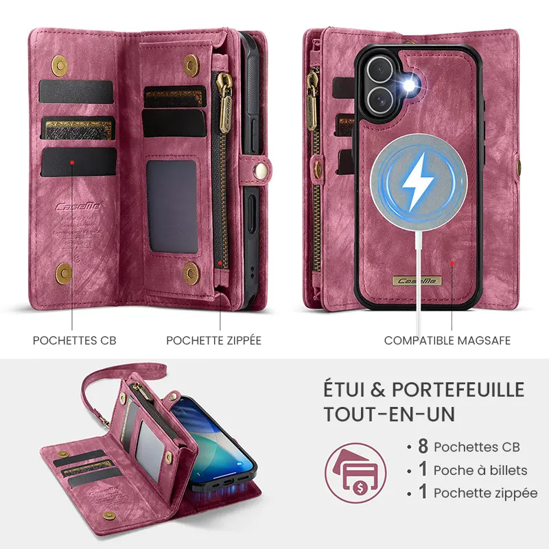 Étui CaseMe Rouge avec Coque Détachable pour iPhone 17 - Etui & Portefeuille Tout-en-Un