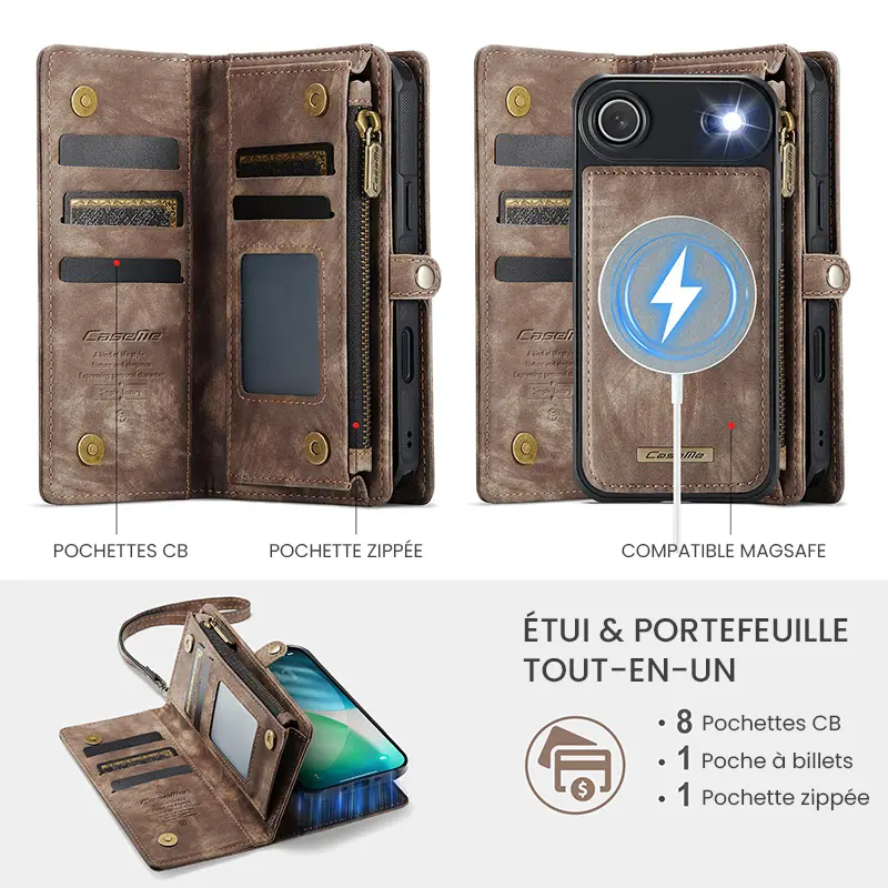 Étui CaseMe Marron avec Coque Détachable pour iPhone Air - Etui & Portefeuille Tout-en-Un