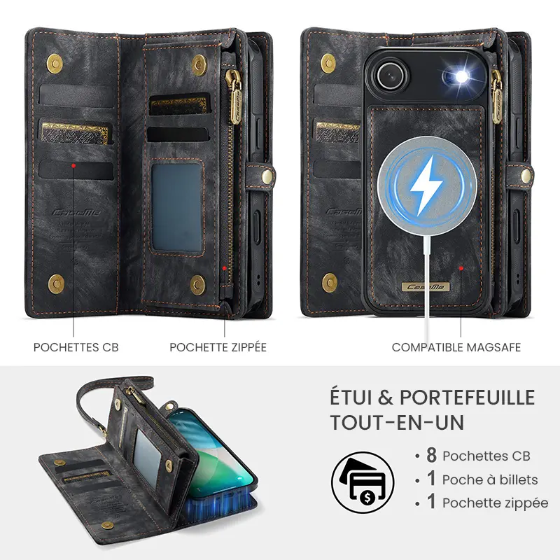 Étui CaseMe Noir avec Coque Détachable pour iPhone Air - Etui & Portefeuille Tout-en-Un