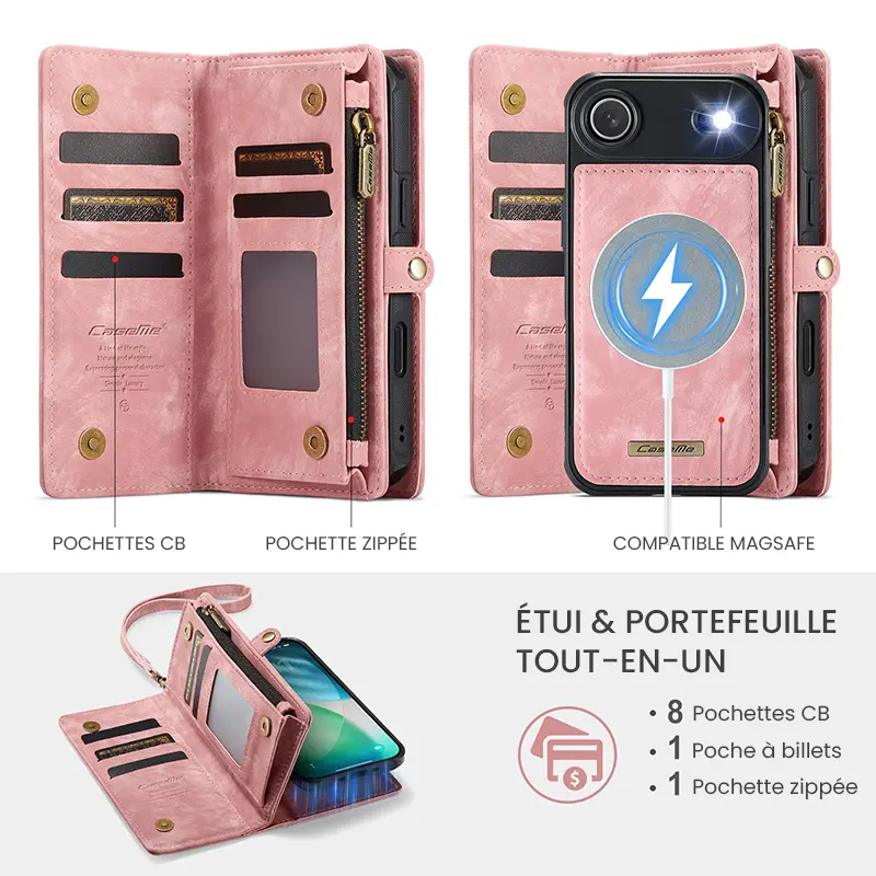 Étui CaseMe Rose avec Coque Détachable pour iPhone Air - Etui & Portefeuille Tout-en-Un