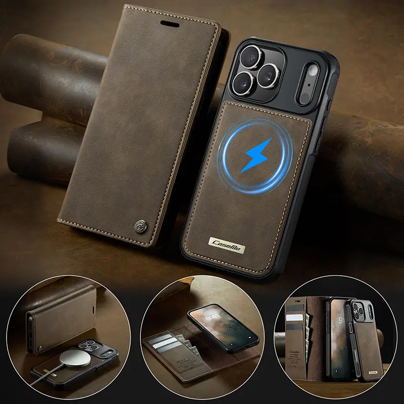 Étui portefeuille magnétique CaseMe marron iPhone 17 Pro Max