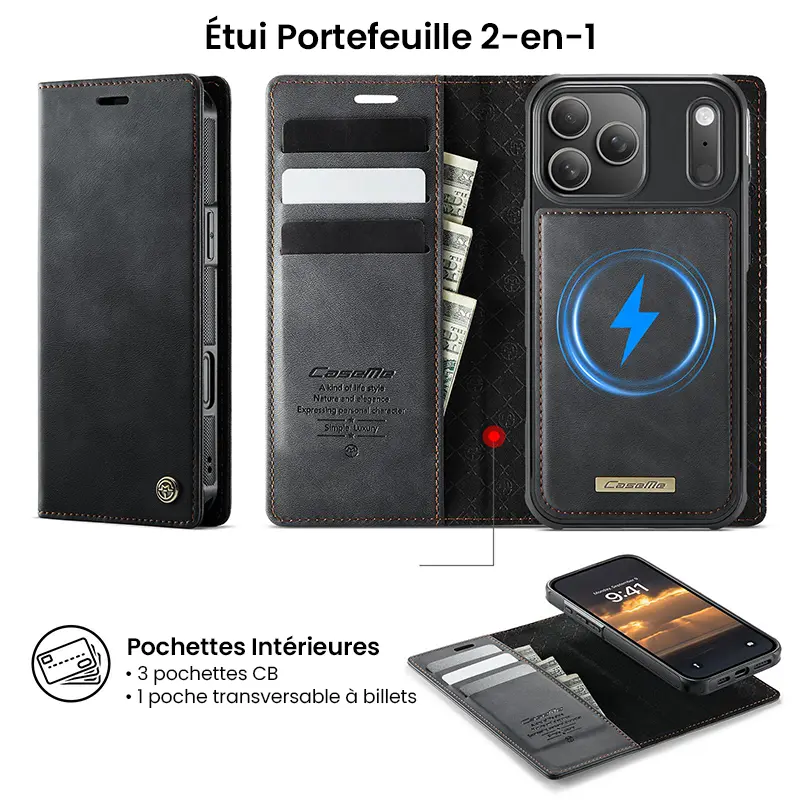 Étui Portefeuille CaseMe Noir avec Coque Détachable pour iPhone 17 Pro Max