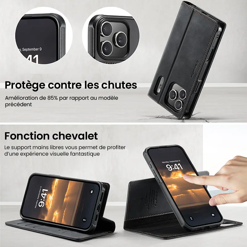 Étui Portefeuille CaseMe Noir avec Coque Détachable pour iPhone 17 Pro Max