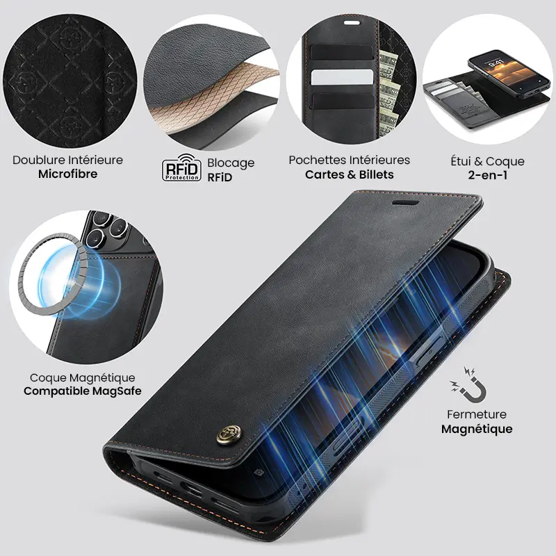 Étui Portefeuille CaseMe Noir avec Coque Détachable pour iPhone 17 Pro Max