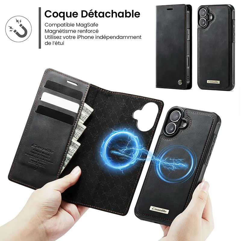 Étui Portefeuille CaseMe Noir avec Coque Détachable pour iPhone 17