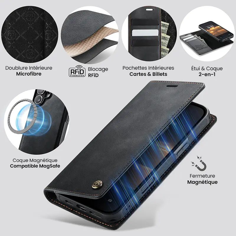Étui Portefeuille CaseMe Noir avec Coque Détachable pour iPhone 17