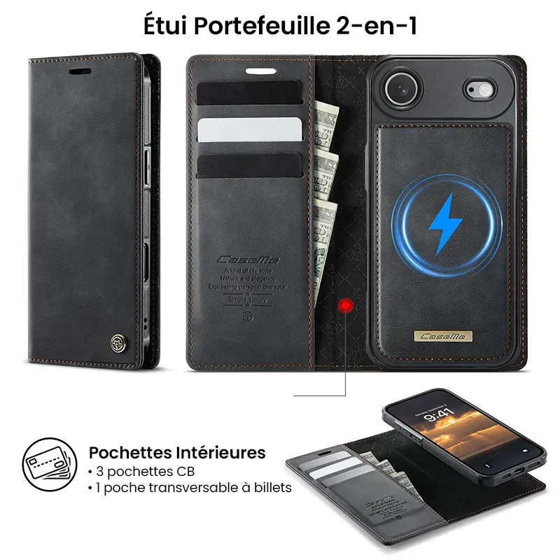 Étui Portefeuille CaseMe Noir avec Coque Détachable pour iPhone Air