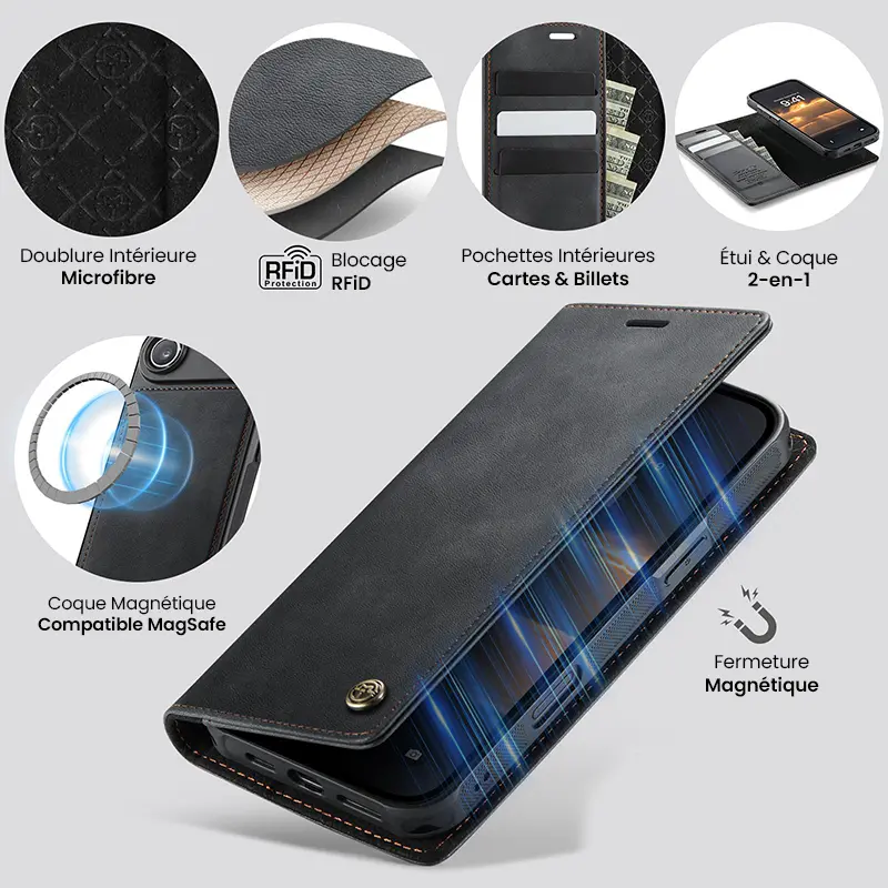 Étui Portefeuille CaseMe Noir avec Coque Détachable pour iPhone Air