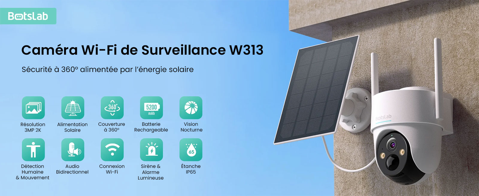 Caméra de Surveillance Extérieure BOTSLAB W313 avec Panneau Solaire