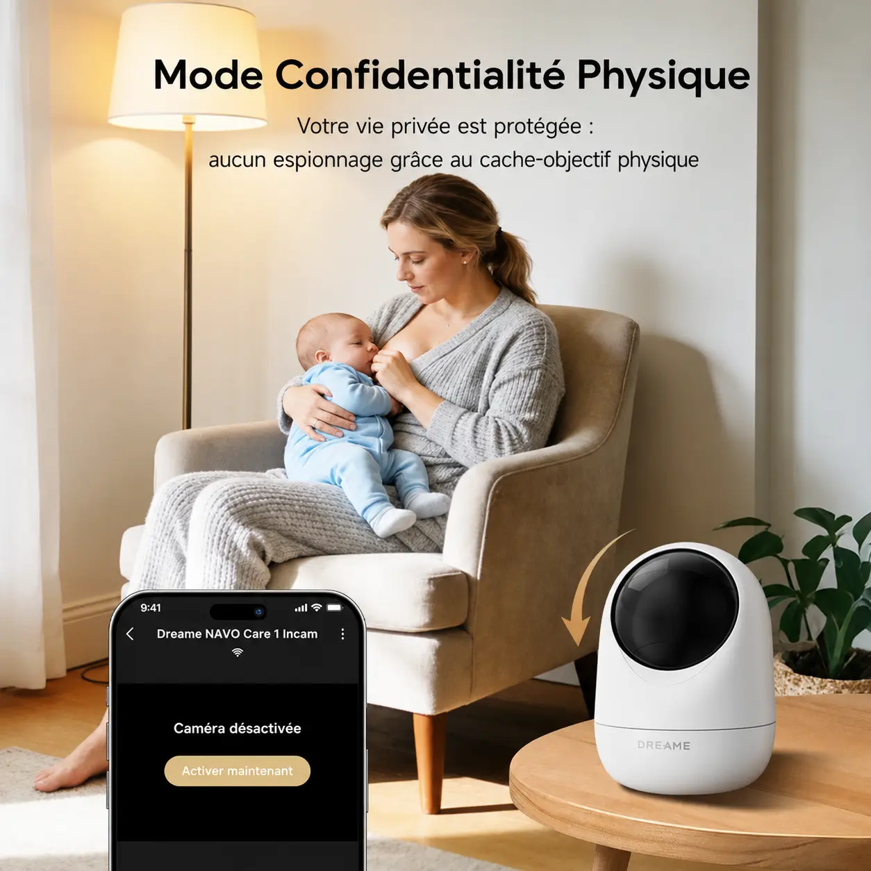 Mode confidentialité physique avec cache-objectif physique pour protection de la vie privée