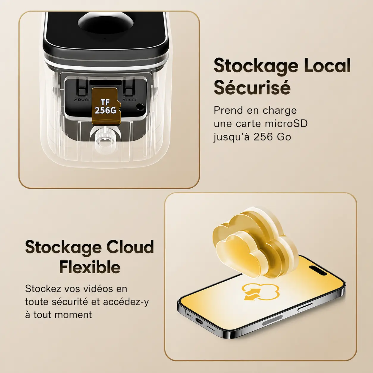 Options de stockage local par carte microSD jusqu'à 256 Go et stockage cloud sécurisé