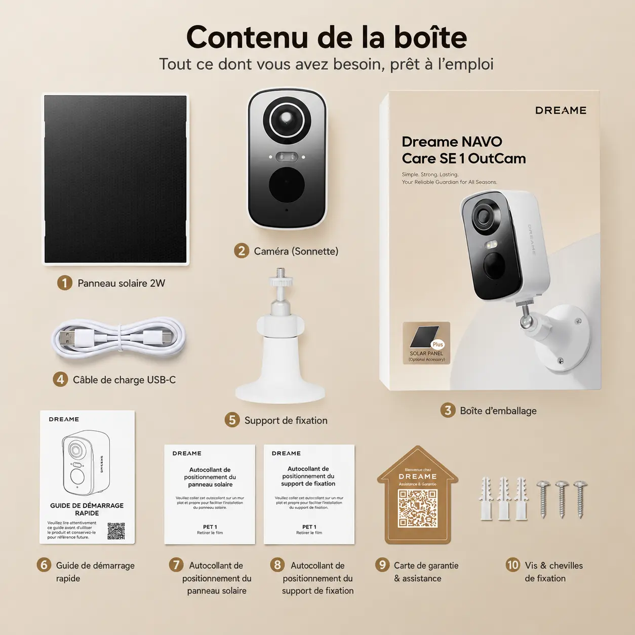Contenu du coffret et accessoires de la caméra Dreame NAVO Care SE 1 OutCam