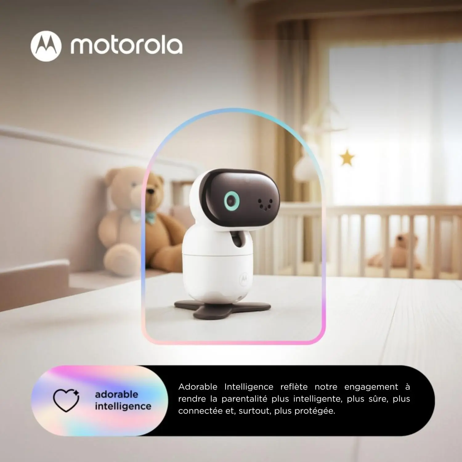 Présentation officielle Motorola Adorable Intelligence décrivant un engagement pour une parentalité plus intelligente, sûre et protégée.