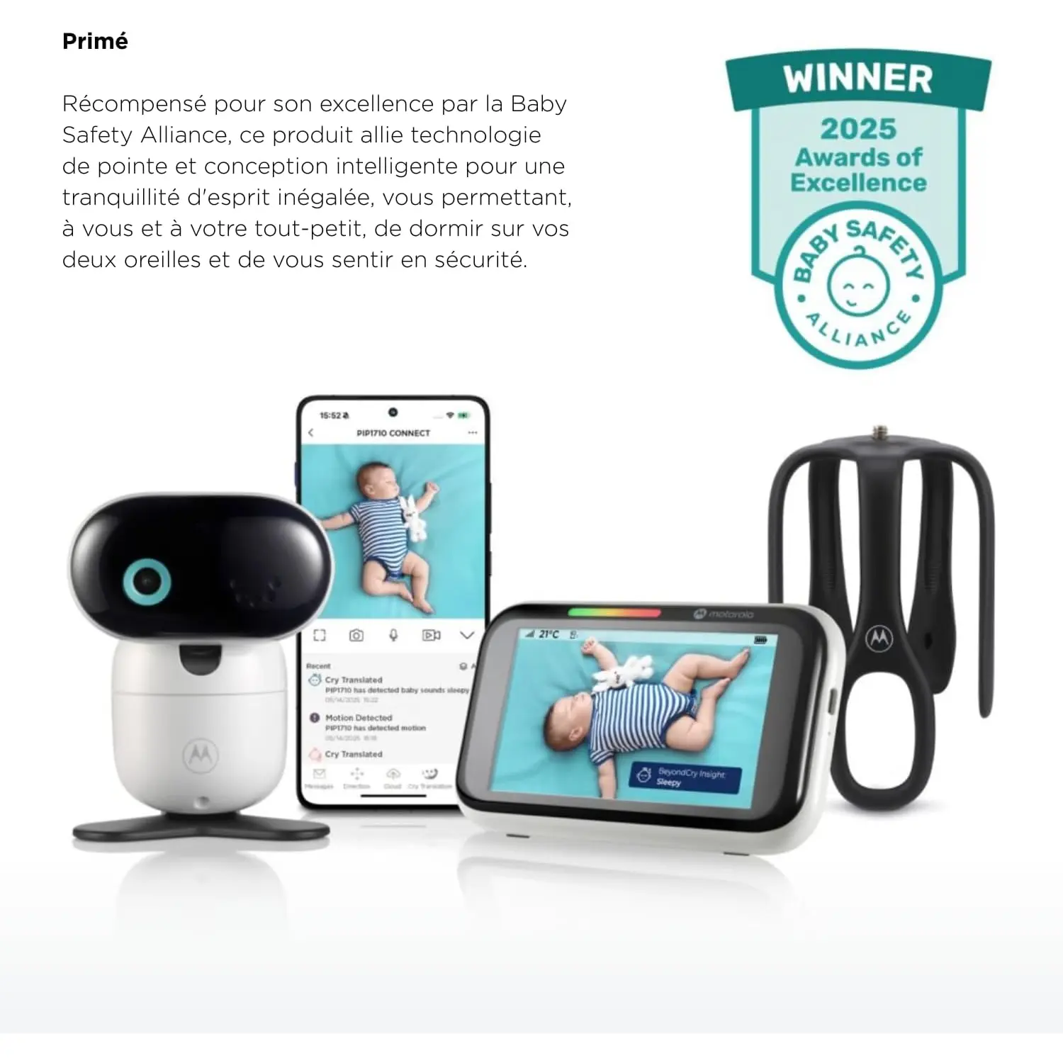 Présentation du pack complet Motorola PIP1710 Connect avec la caméra, le moniteur 5 pouces, l'application et le support StarGrip primé en 2025.