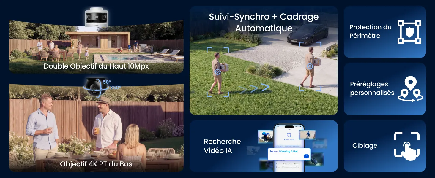 Fonctionnalités Reolink OMVI 3i : Double objectif supérieur 10Mpx, objectif inférieur 4K PT motorisé, suivi-synchro avec cadrage automatique, recherche vidéo intelligente par IA et protection du périmètre