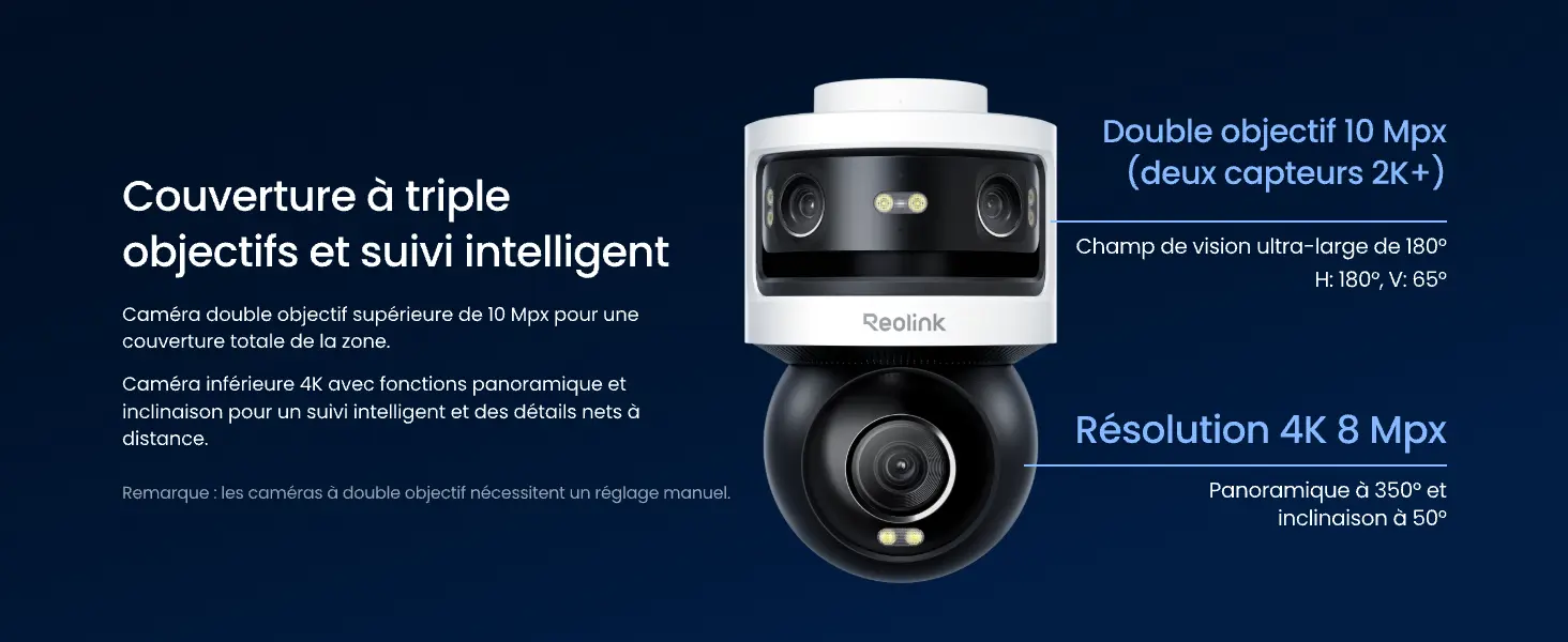 Détails techniques Reolink OMVI 3i : Double objectif supérieur 10Mpx avec deux capteurs 2K+ offrant un champ de vision ultra-large de 180° (H: 180°, V: 65°), et objectif inférieur motorisé avec résolution 4K 8Mpx, panoramique à 350° et inclinaison à 50°