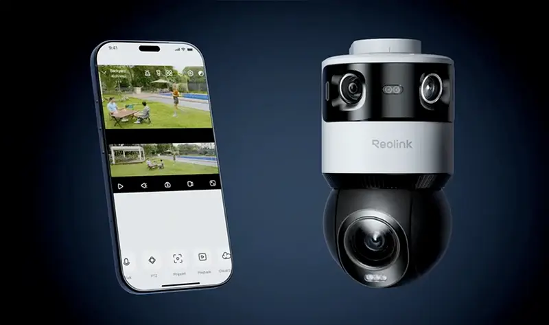 Interface de l'application mobile Reolink affichant le suivi synchro et le cadrage automatique d'une personne à côté de la caméra OMVI 3i PoE