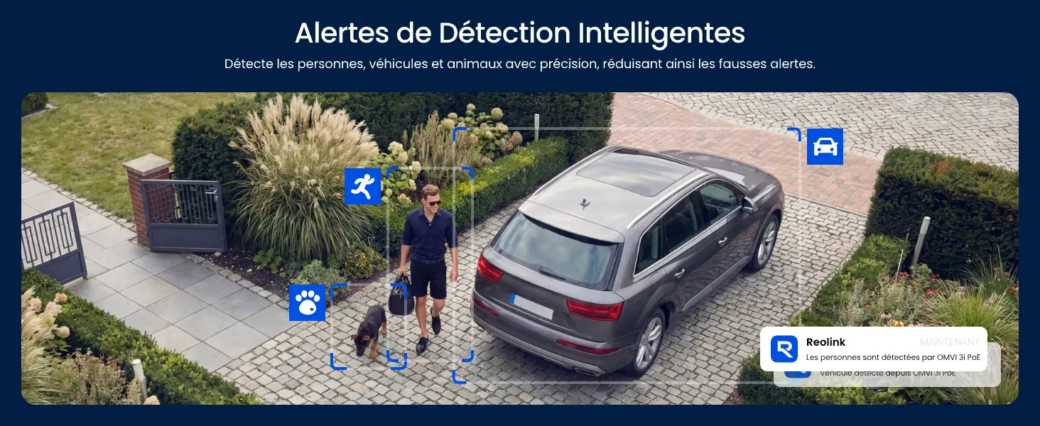Alertes de détection intelligentes Reolink OMVI 3i : analyse par IA en temps réel identifiant avec précision les personnes, les véhicules et les animaux de compagnie dans une allée pour réduire efficacement les fausses alertes et envoyer des notifications push ciblées