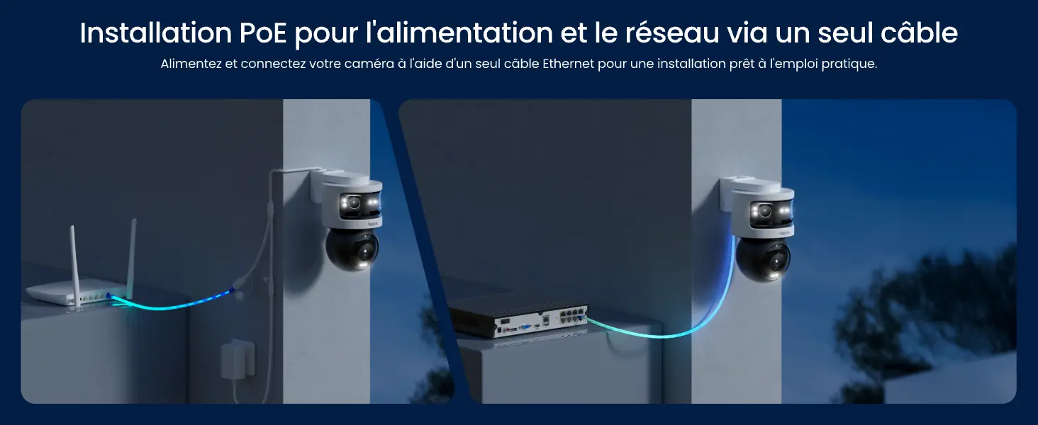 Schéma d'installation PoE Reolink : illustration de la connexion réseau et de l'alimentation électrique de la caméra de surveillance via un seul câble Ethernet RJ45 relié à un routeur ou un switch pour un branchement simplifié