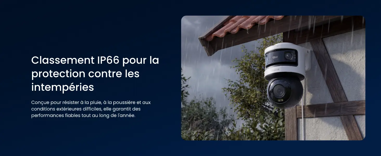 Caméra extérieure Reolink OMVI 3i avec indice de protection étanche IP66 : démonstration de la haute résistance aux intempéries sous une pluie battante sur la façade en bois d'une maison pour assurer une surveillance fiable en toute saison