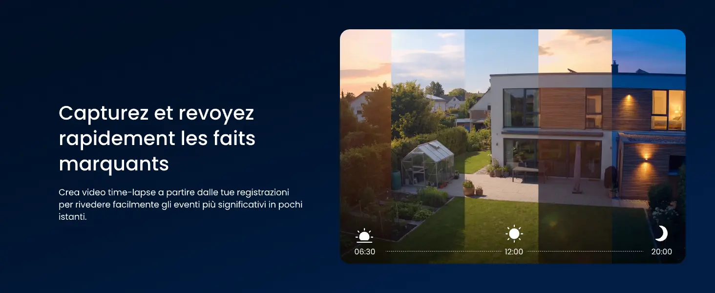 Fonctionnalité vidéo Time-lapse Reolink : illustration de la capture et de la compression de longs événements en courtes vidéos accélérées pour suivre les changements d'une propriété du matin au soir en quelques instants