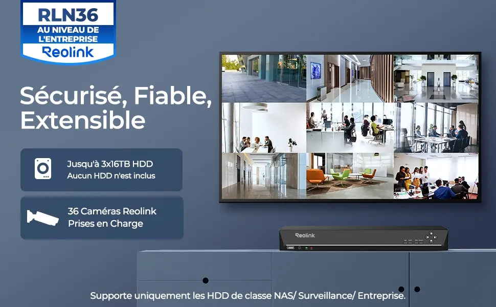 Présentation du NVR Reolink RLN36 au niveau entreprise : moniteur affichant une mosaïque de surveillance multi-caméras, mettant en avant la prise en charge de 36 caméras et un stockage extensible jusqu'à 3 disques durs de 16 To de classe NAS