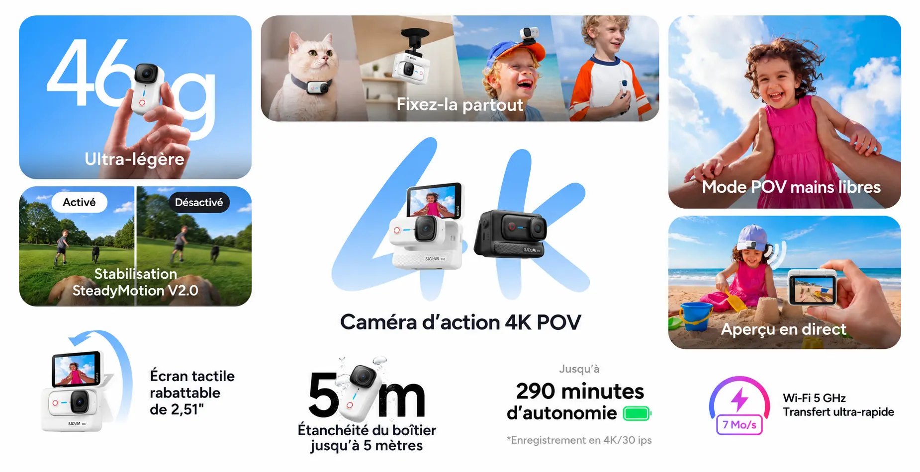 Aperçu des fonctionnalités SJCAM S10 - 46g ultra-légère, stabilisation SteadyMotion, écran rabattable, étanchéité 5m et 290 min d'autonomie