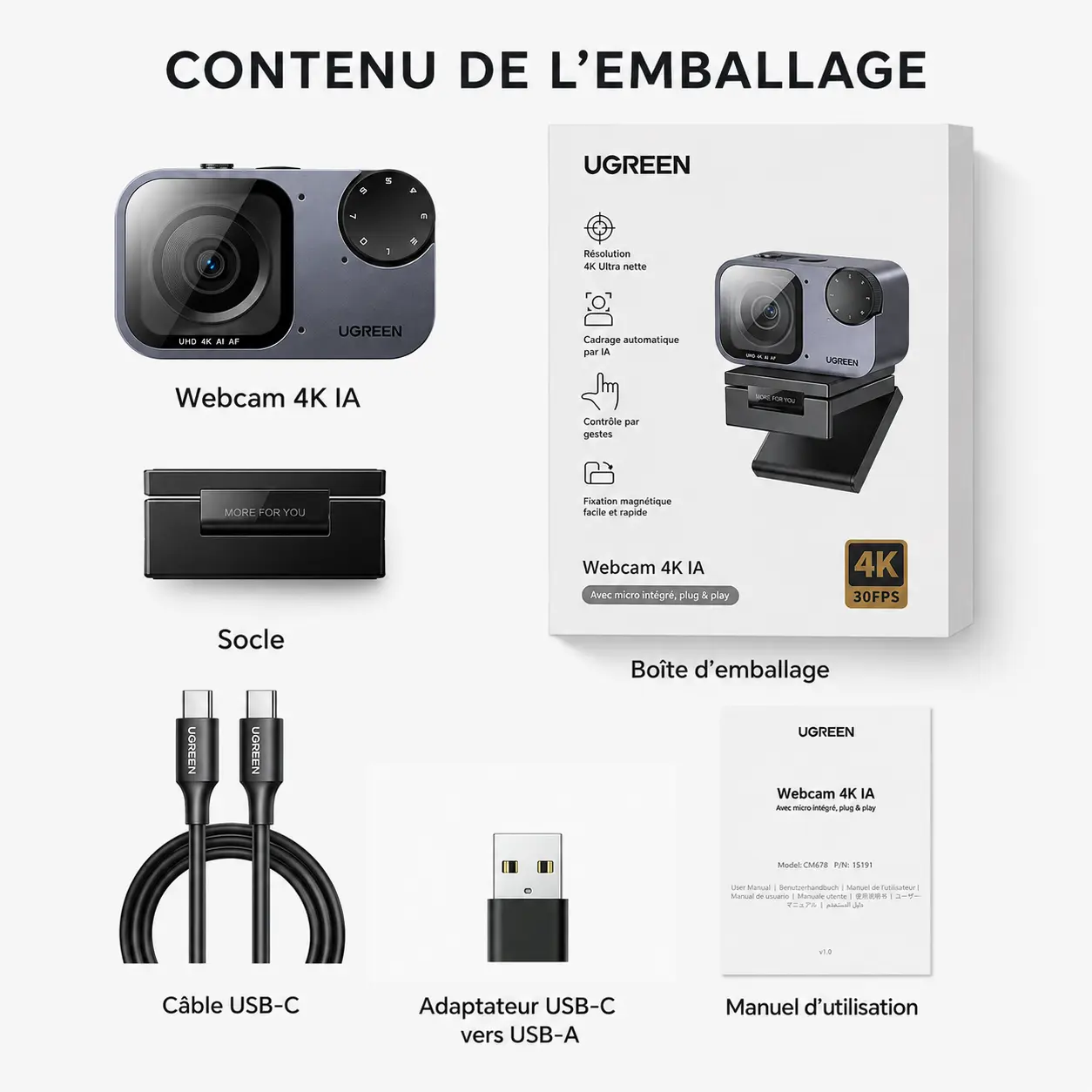 Contenu de la boîte de la webcam UGREEN FineCam Pro 4K avec support magnétique, trépied, câble USB-C et adaptateur USB-A