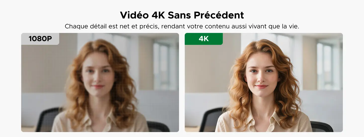 Caméra UGREEN FineCam Pro 4K affichant une vidéo 4K nette comparée au 1080p