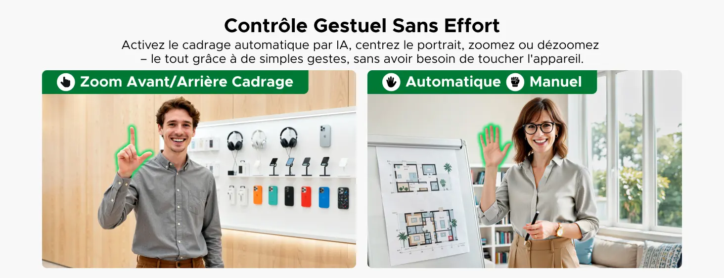 UGREEN FineCam Pro 4K – contrôle gestuel pour zoom, cadrage automatique et contrôle manuel