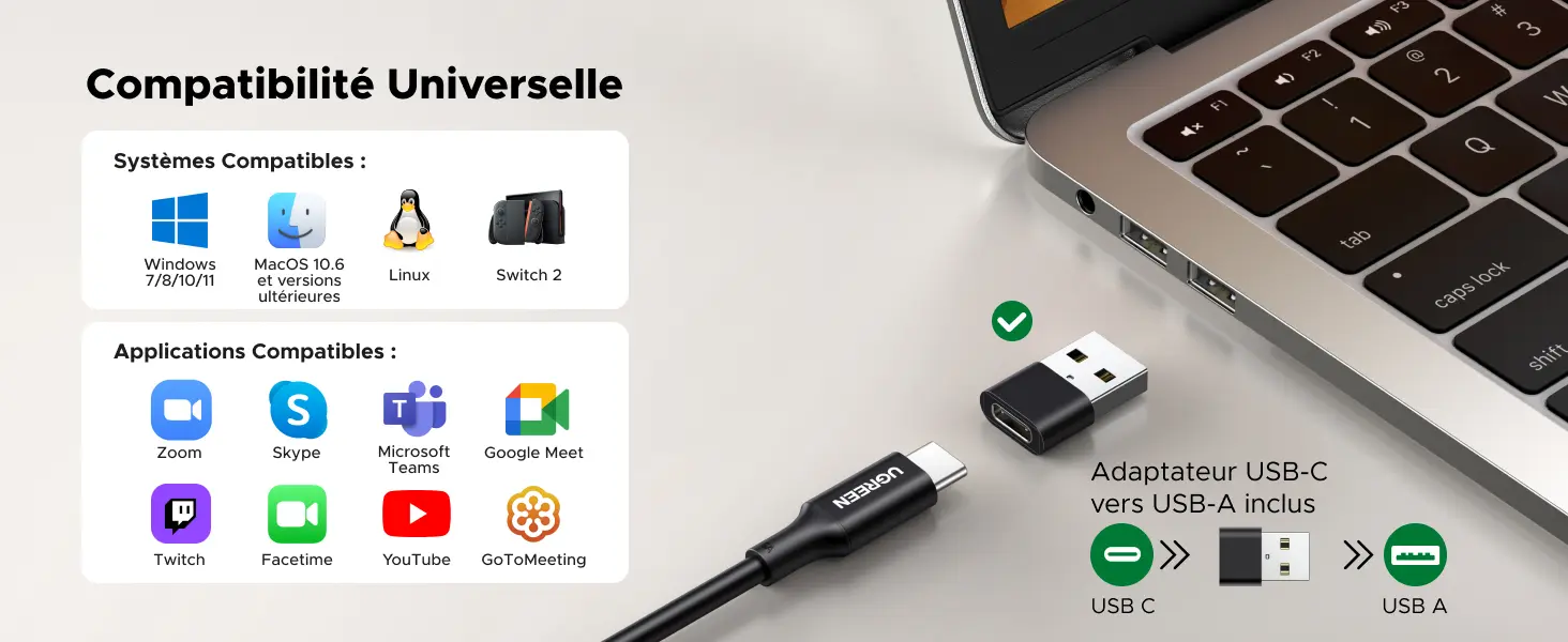 UGREEN FineCam Pro 4K – compatibilité Windows, macOS, Linux et applications de visioconférence avec adaptateur USB-C vers USB-A inclus