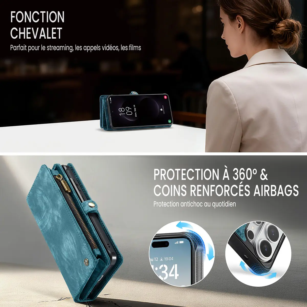 Galaxy S26 Ultra - Étui Portefeuille CaseMe avec Coque Détachable Bleue