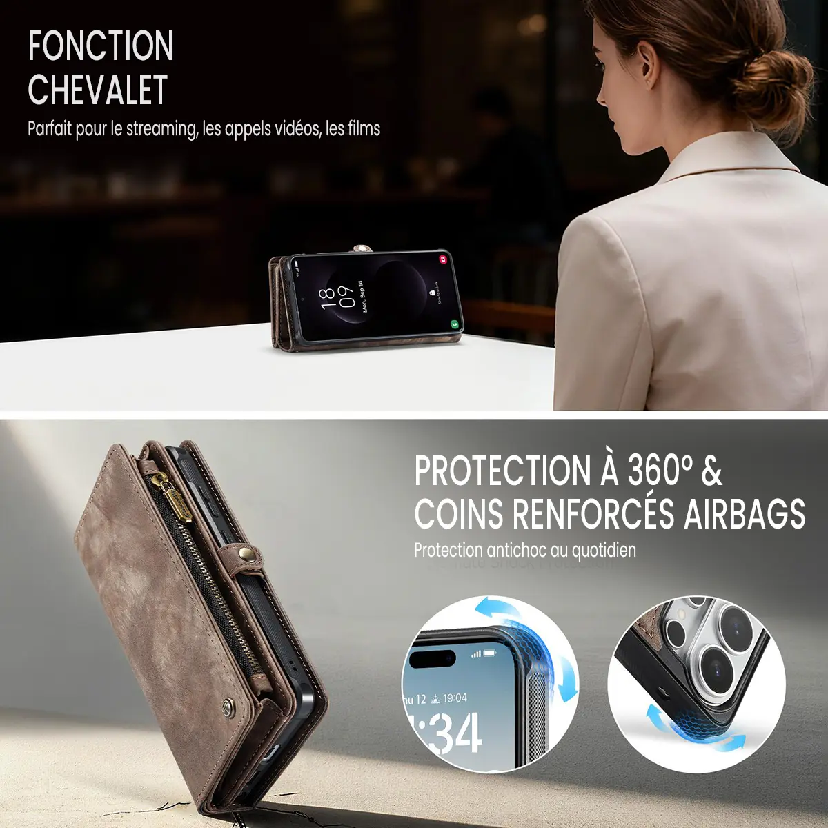 Galaxy S26 Ultra - Étui Portefeuille CaseMe avec Coque Détachable Marron