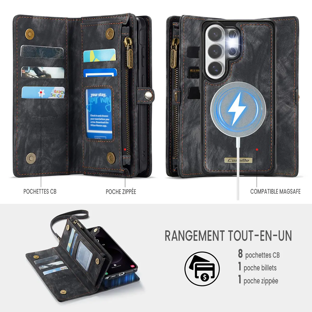 Galaxy S26 Ultra - Étui Portefeuille CaseMe avec Coque Détachable Noire