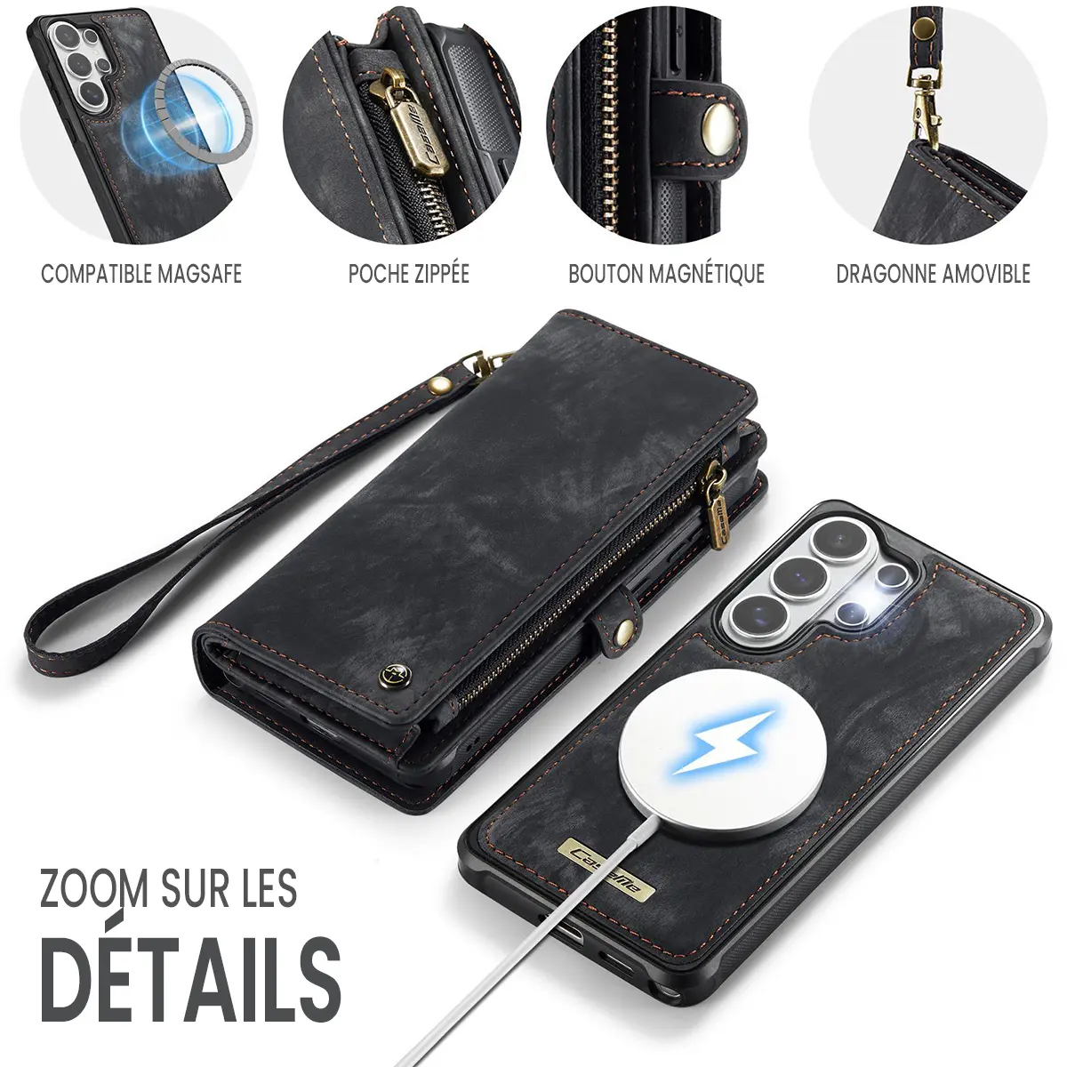 Galaxy S26 Ultra - Étui Portefeuille CaseMe avec Coque Détachable Noire