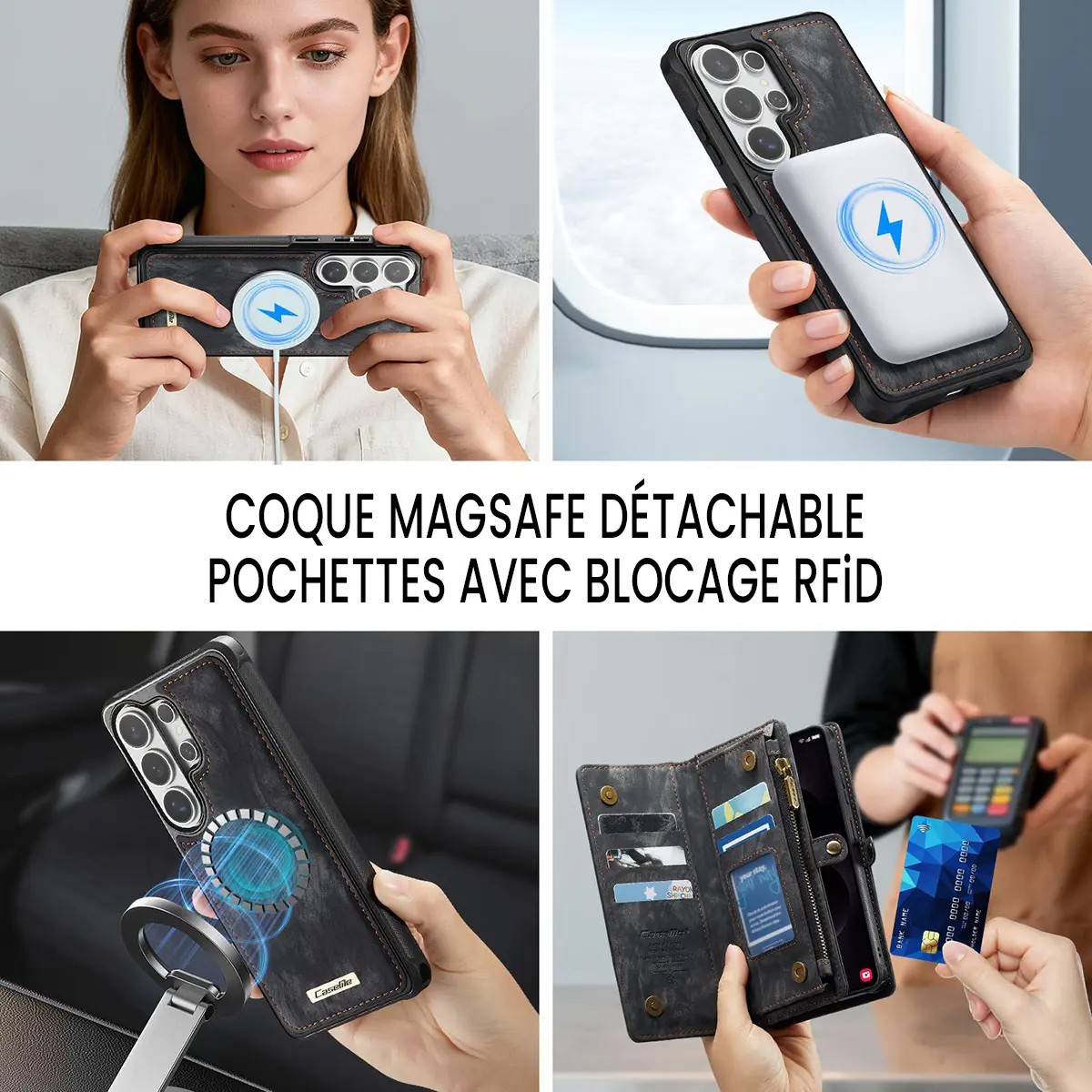 Galaxy S26 Ultra - Étui Portefeuille CaseMe avec Coque Détachable Noire