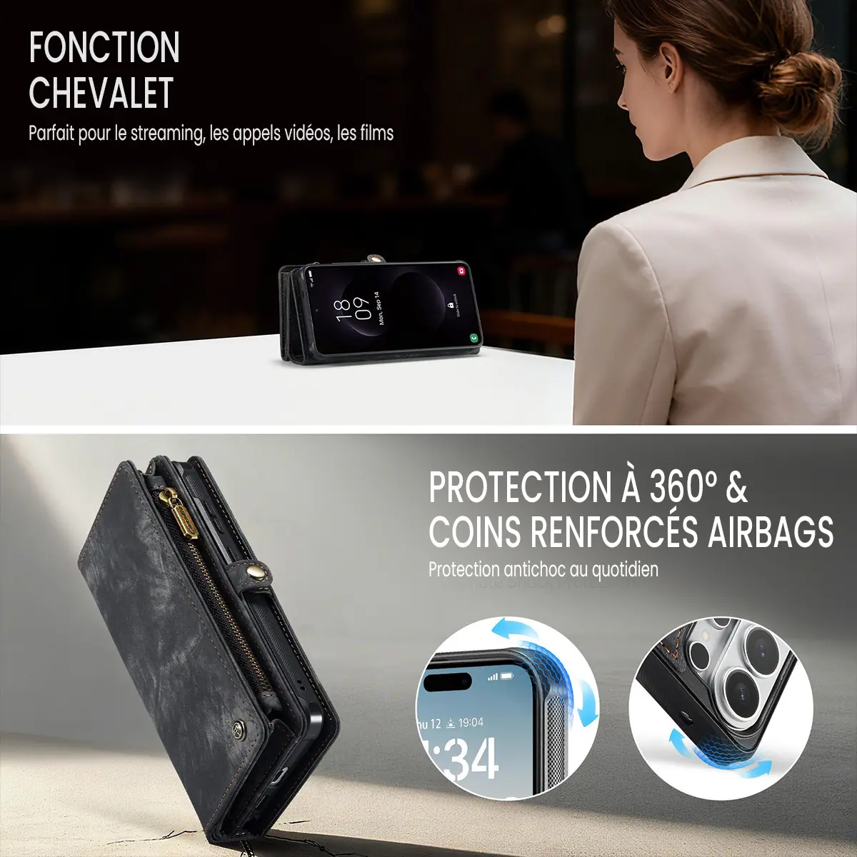 Galaxy S26 Ultra - Étui Portefeuille CaseMe avec Coque Détachable Noire