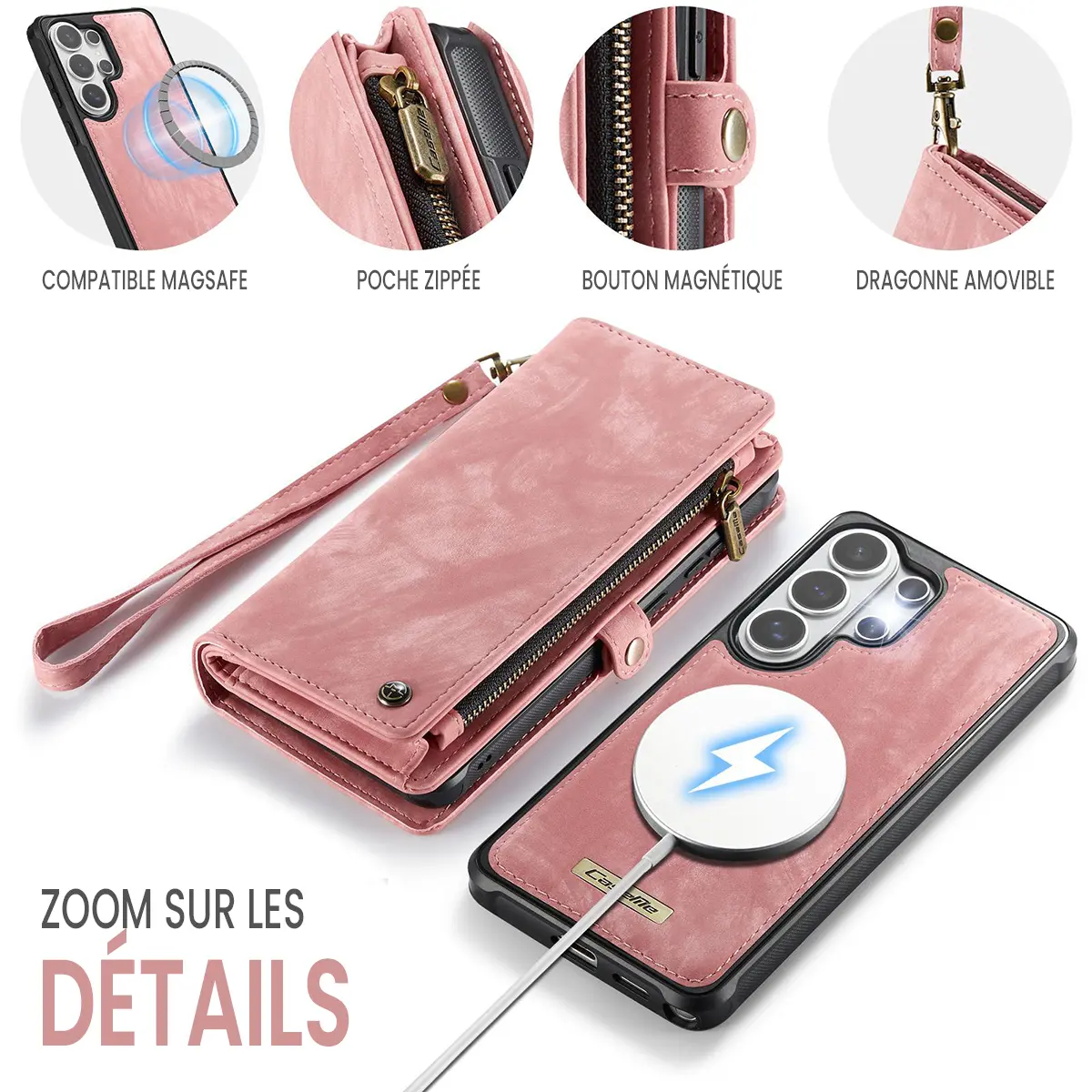 Galaxy S26 Ultra - Étui Portefeuille CaseMe avec Coque Détachable Rose