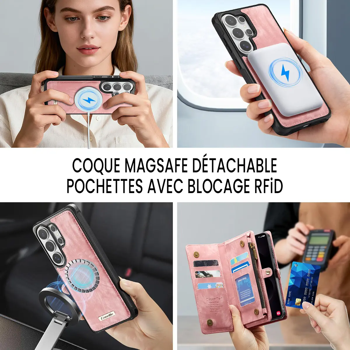 Galaxy S26 Ultra - Étui Portefeuille CaseMe avec Coque Détachable Rose