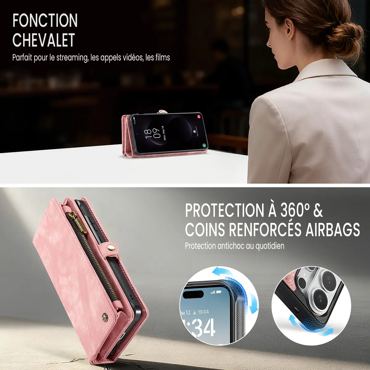 Galaxy S26 Ultra - Étui Portefeuille CaseMe avec Coque Détachable Rose