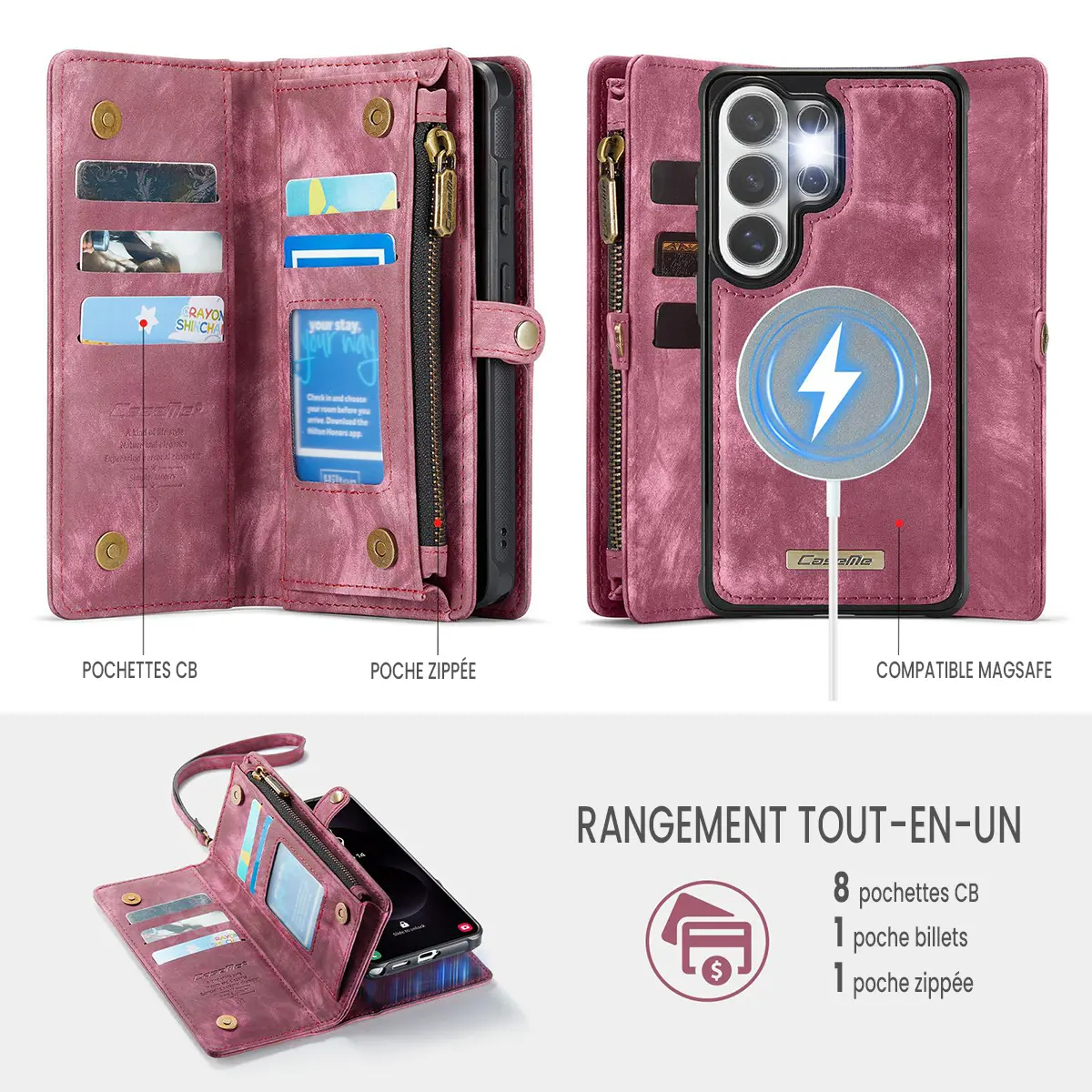 Galaxy S26 Ultra - Étui Portefeuille CaseMe avec Coque Détachable Rouge