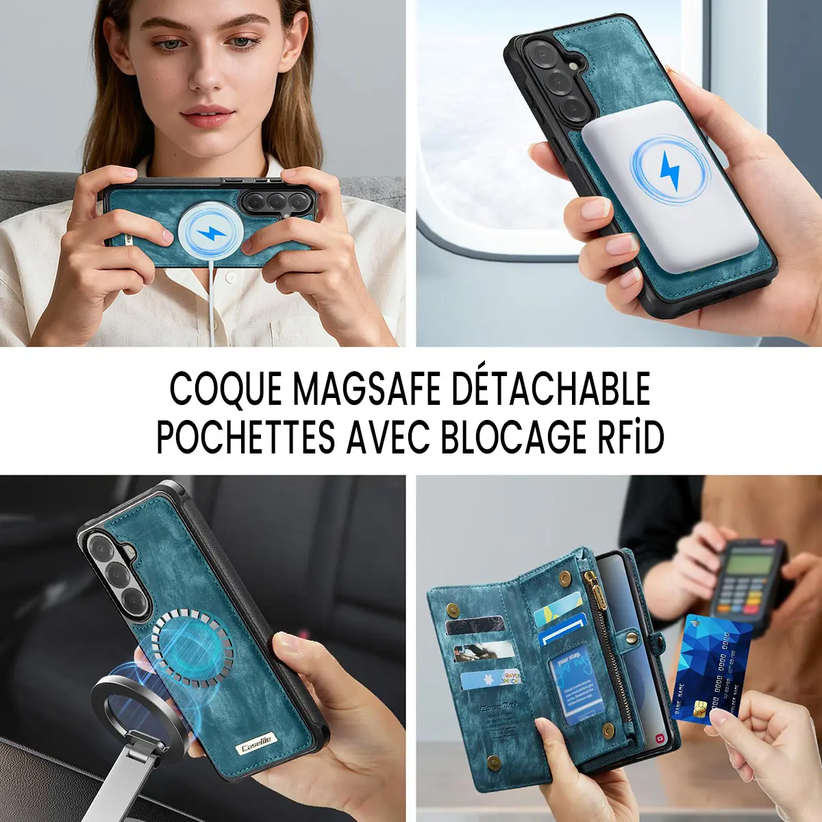 Galaxy S26 Plus - Étui Portefeuille CaseMe avec Coque Détachable Bleue